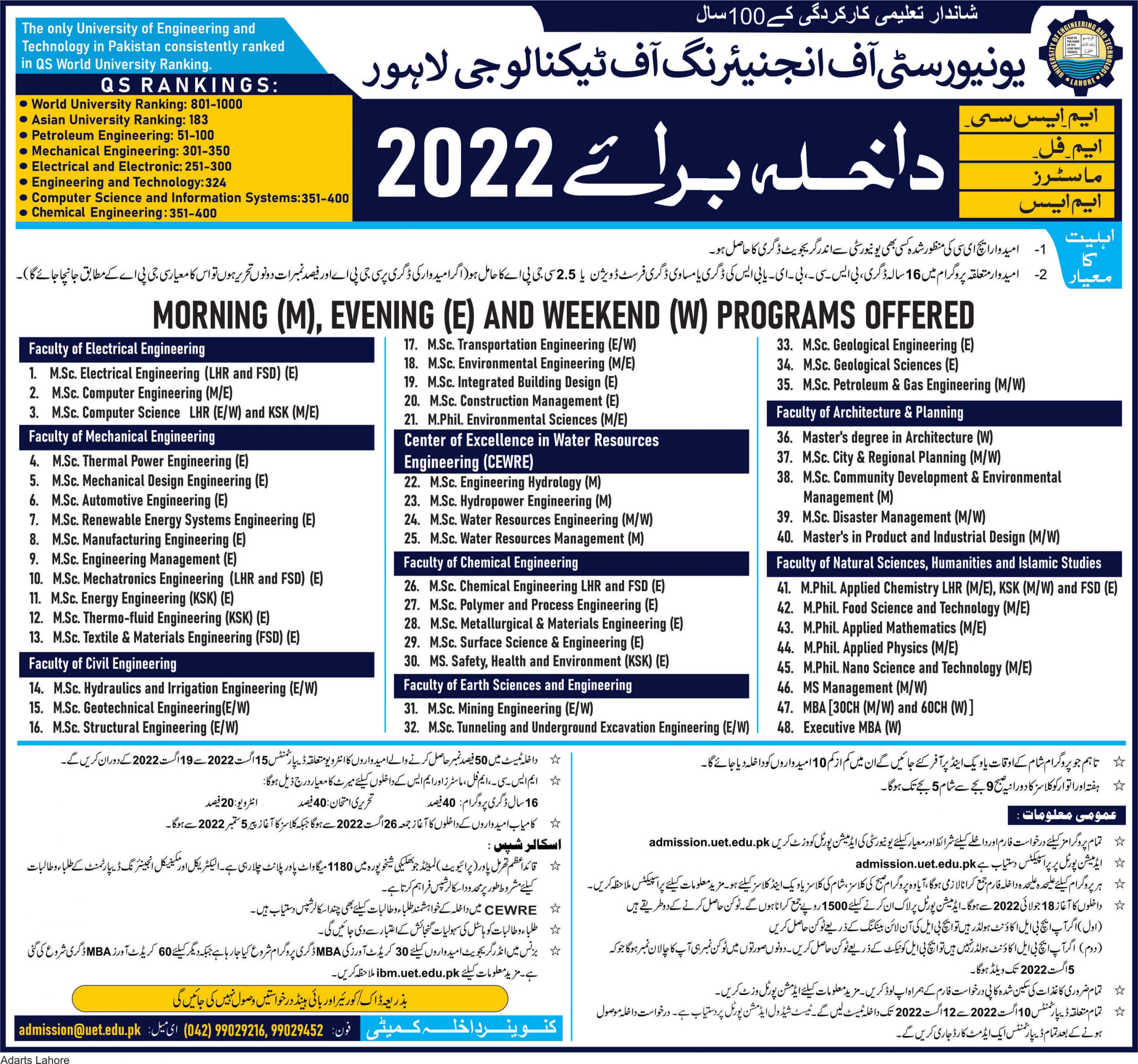 UET Lahore Fall Admissions 2022 For MSc, MS or MPhil, PhD