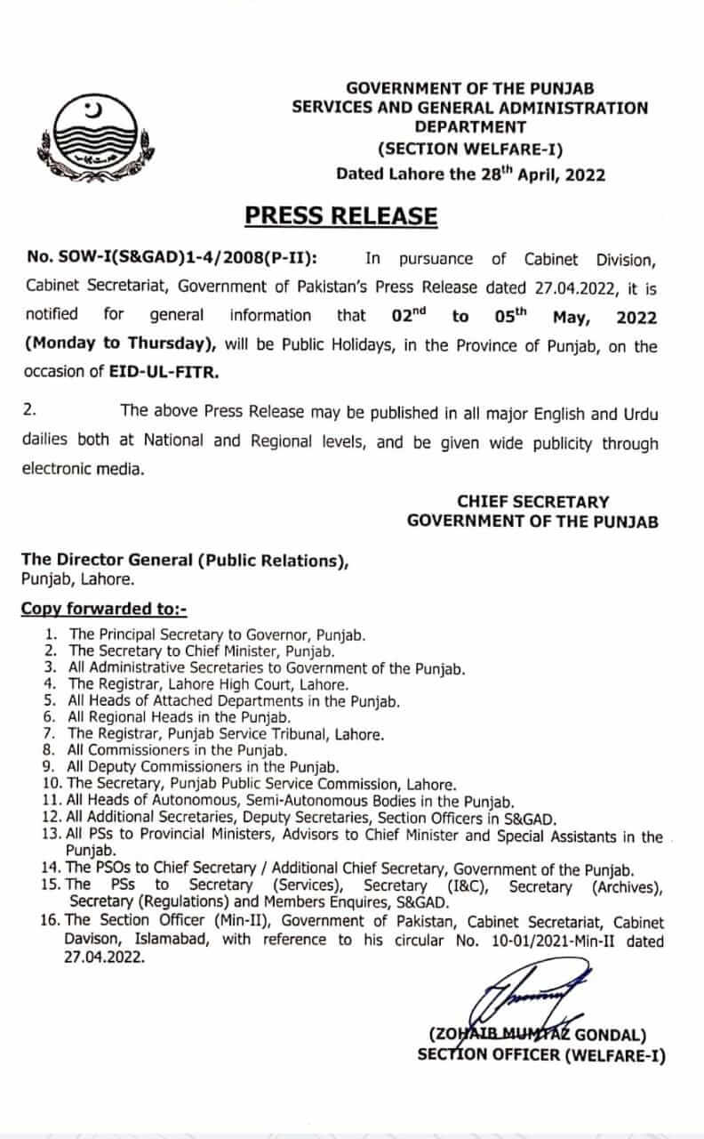 Eid ul Fitr Public Holidays 2022 Punjab Govt Official Notification