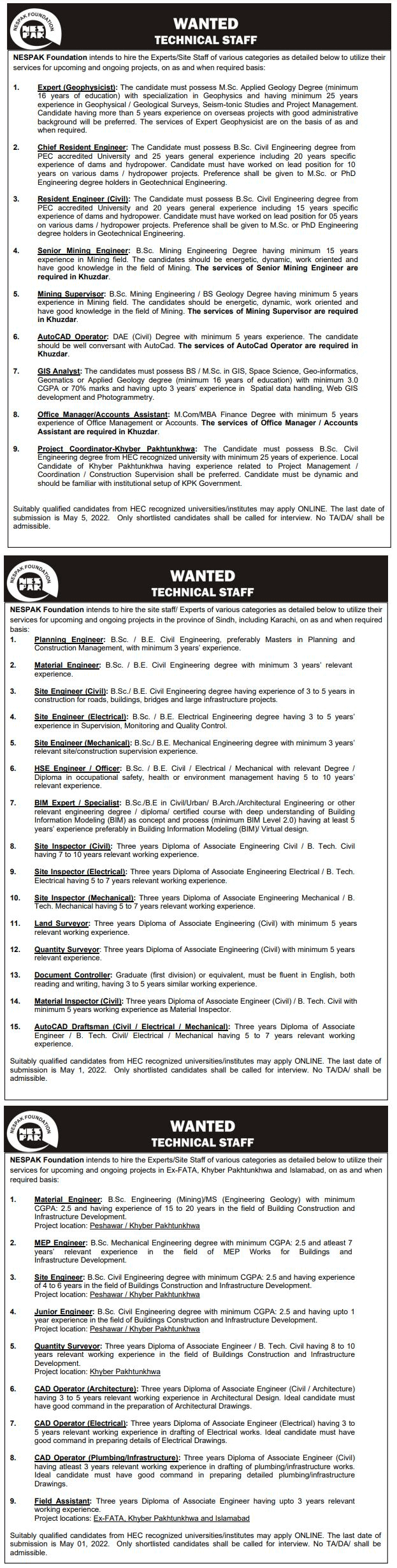 NESPAK Foundation Jobs 2022 Apply Online in Pakistan