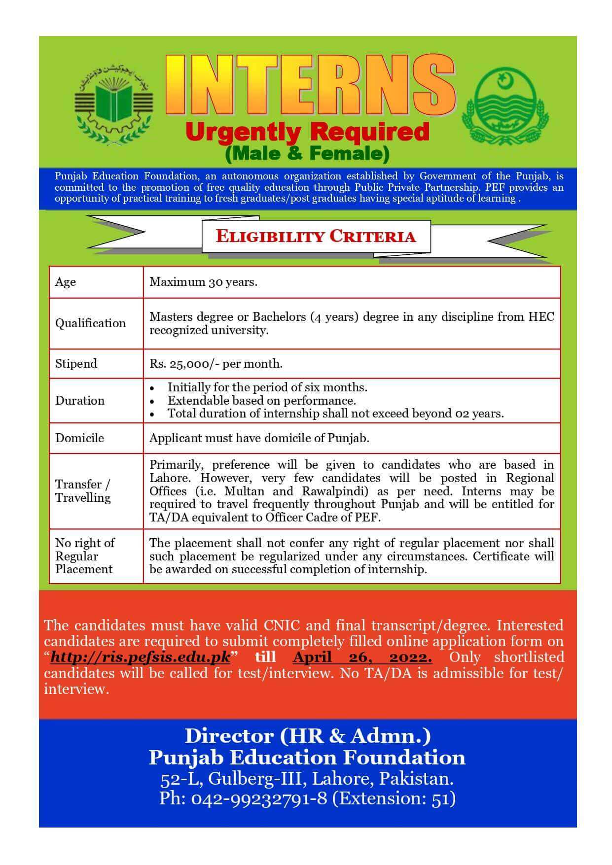Punjab Education Foundation PEF Internships 2022 Salary 25000 Per Month