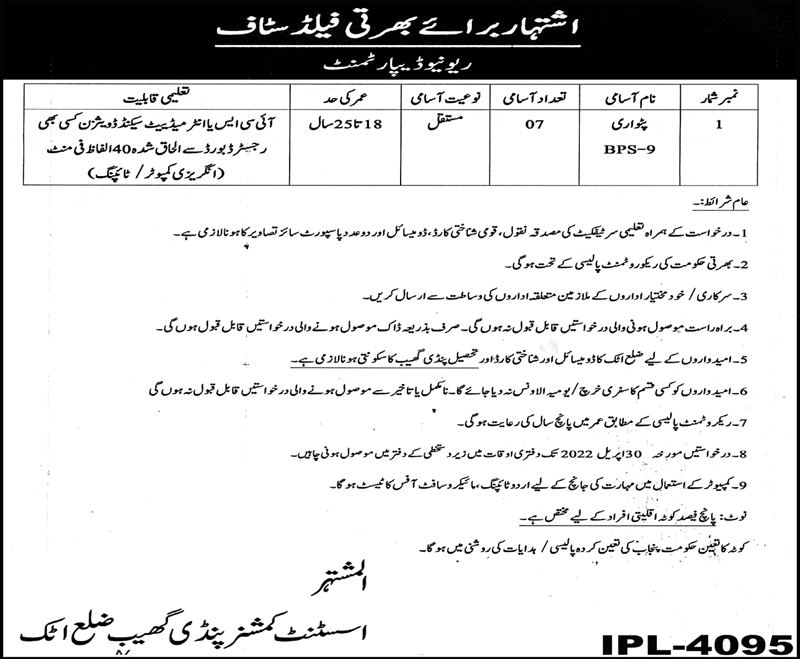 Patwari Jobs BPS-9 2022 by Punjab Govt at Punjab Revenue Department