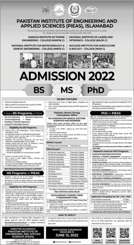PIEAS Master Admissions Scholarships 2022 | Atomic Energy Fellowship