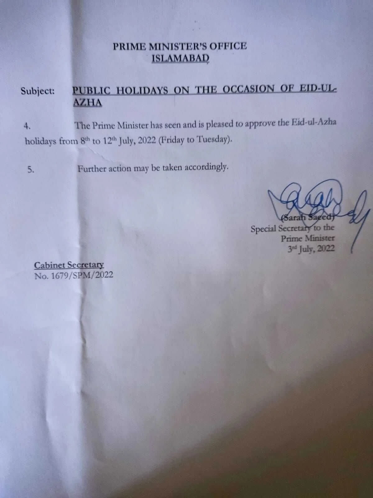 Eid ul Adha Holidays Govt Notification | Eid-ul-Azha Holidays in Pakistan