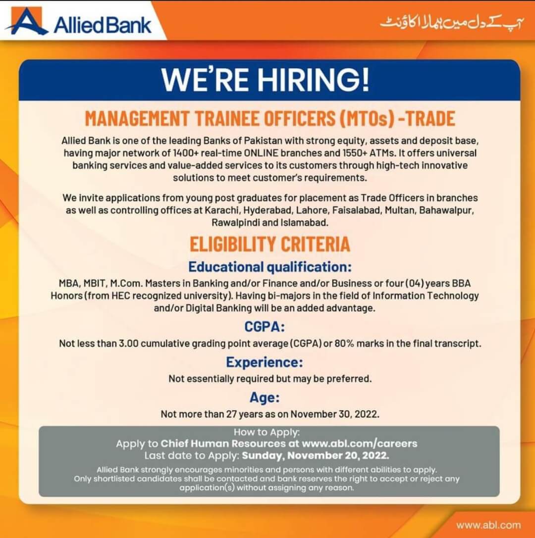 Allied Bank Management Trainee Jobs 2022 | Allied Bank MTO Jobs
