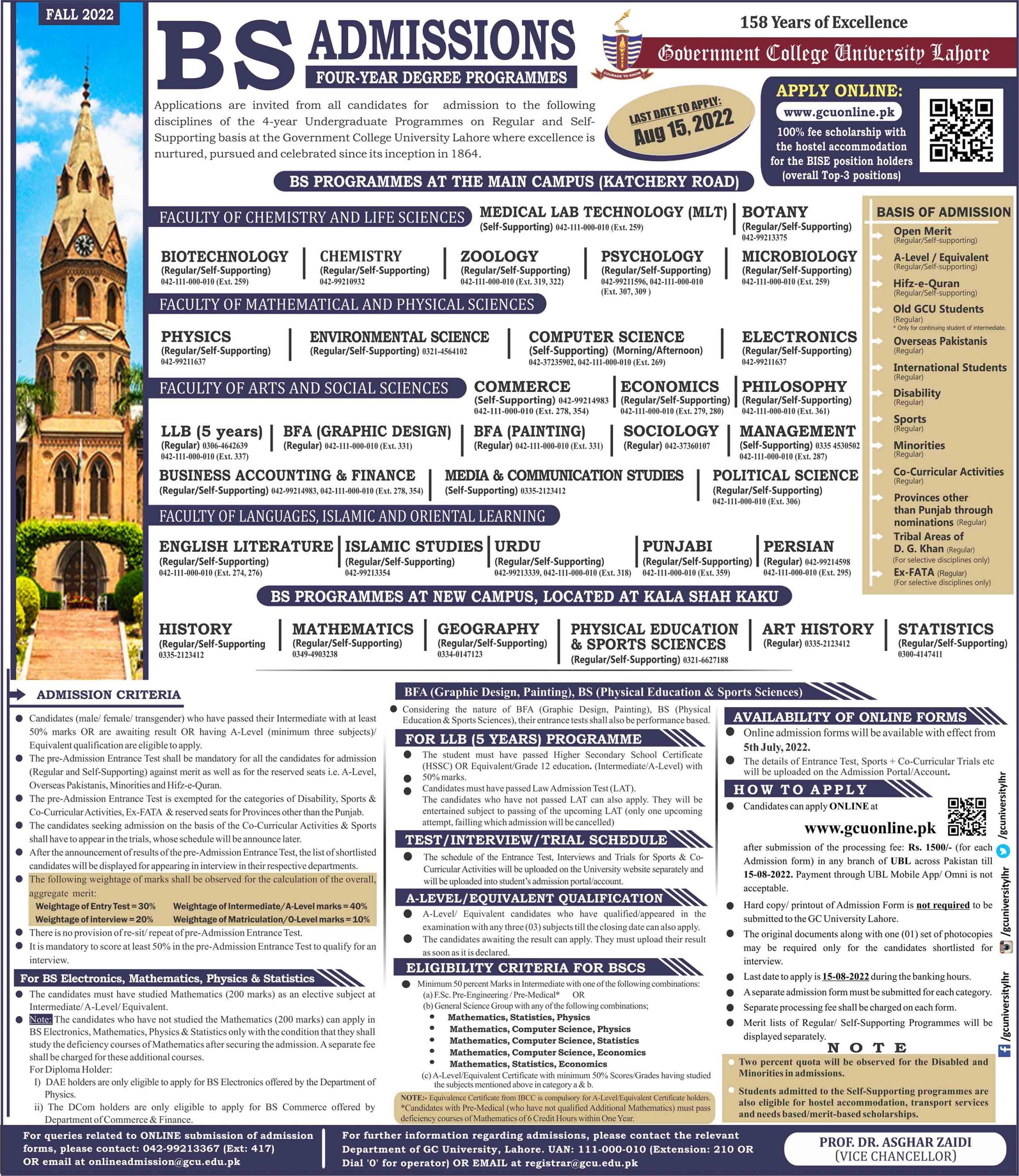 GCU Lahore Fall Admissions 2022 BS Programs | Apply Now