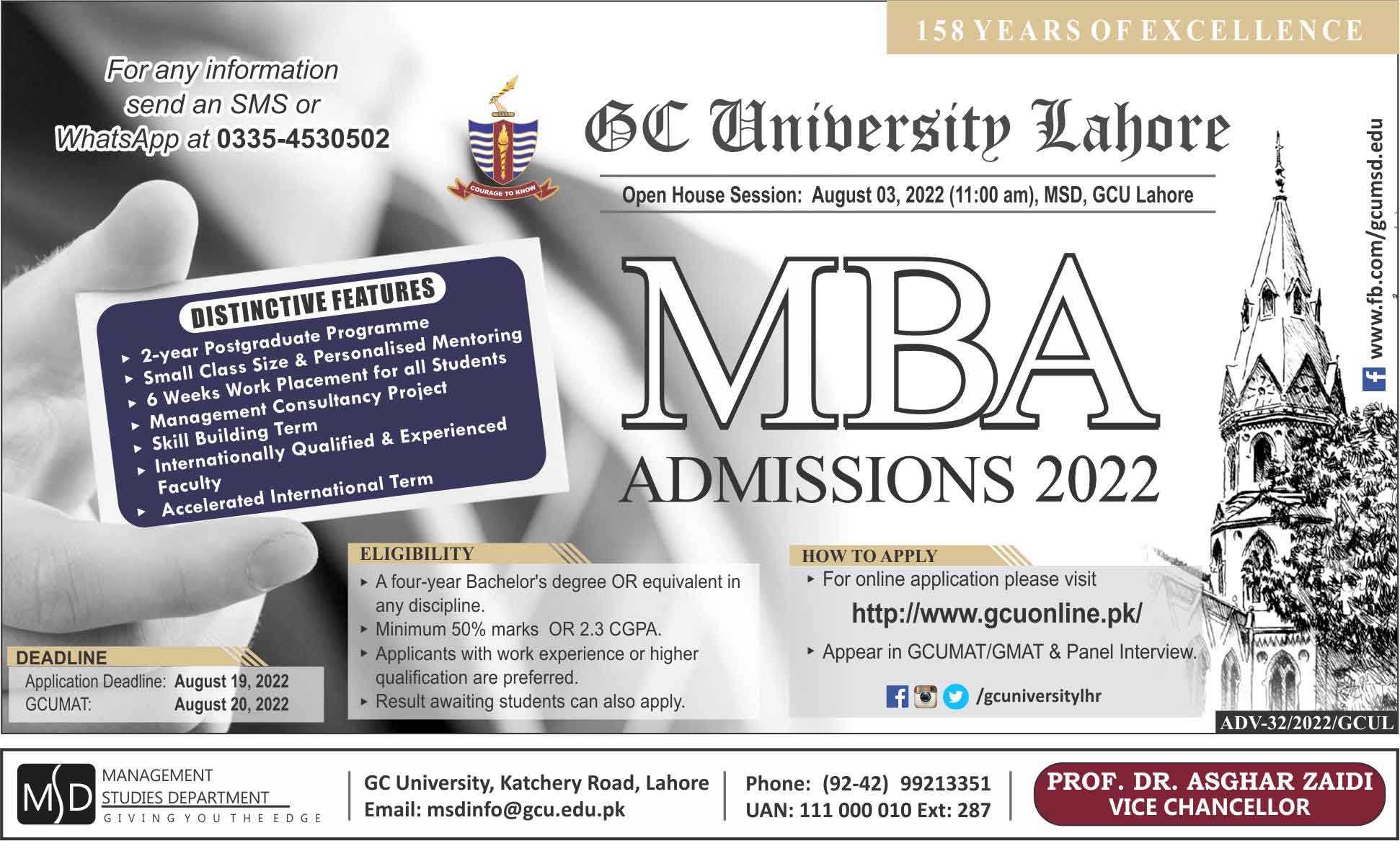 GCU Lahore MBA and EMBA admissions 2022 Apply Online
