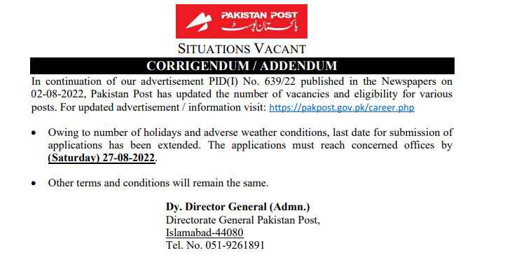 Pakistan Post Office Govt Jobs 2022 all Districts Date Extended 27 August