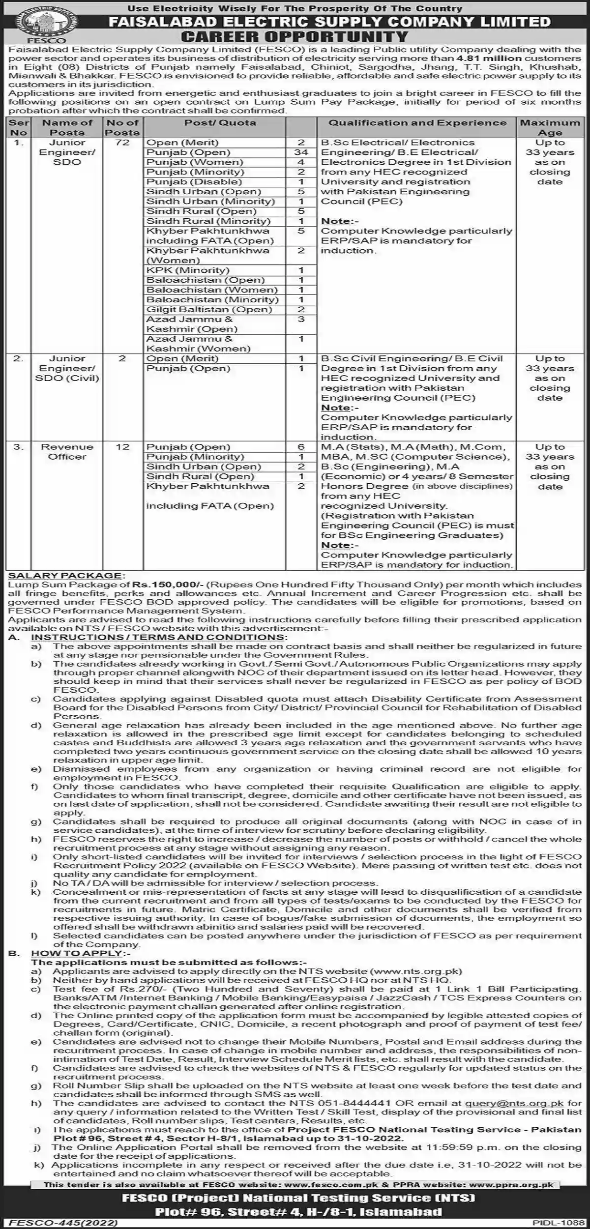 Faisalabad Electric Supply Company Latest Jobs | FESCO Jobs October 2022