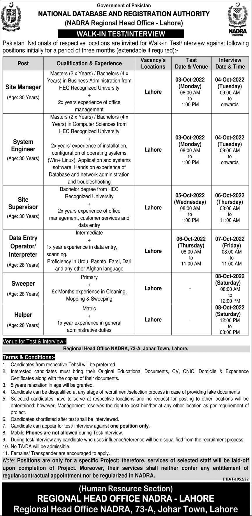NADRA Jobs Regional Head Office Lahore | NADRA Career Opportunities