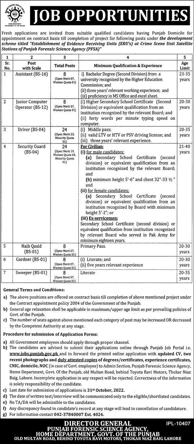 Punjab Forensic Science Agency PFSA Latest Jobs October 2022