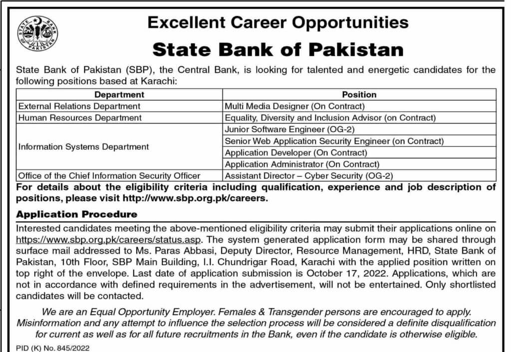 State Bank of Pakistan Jobs 2022 | SBP's Latest Job advertisement