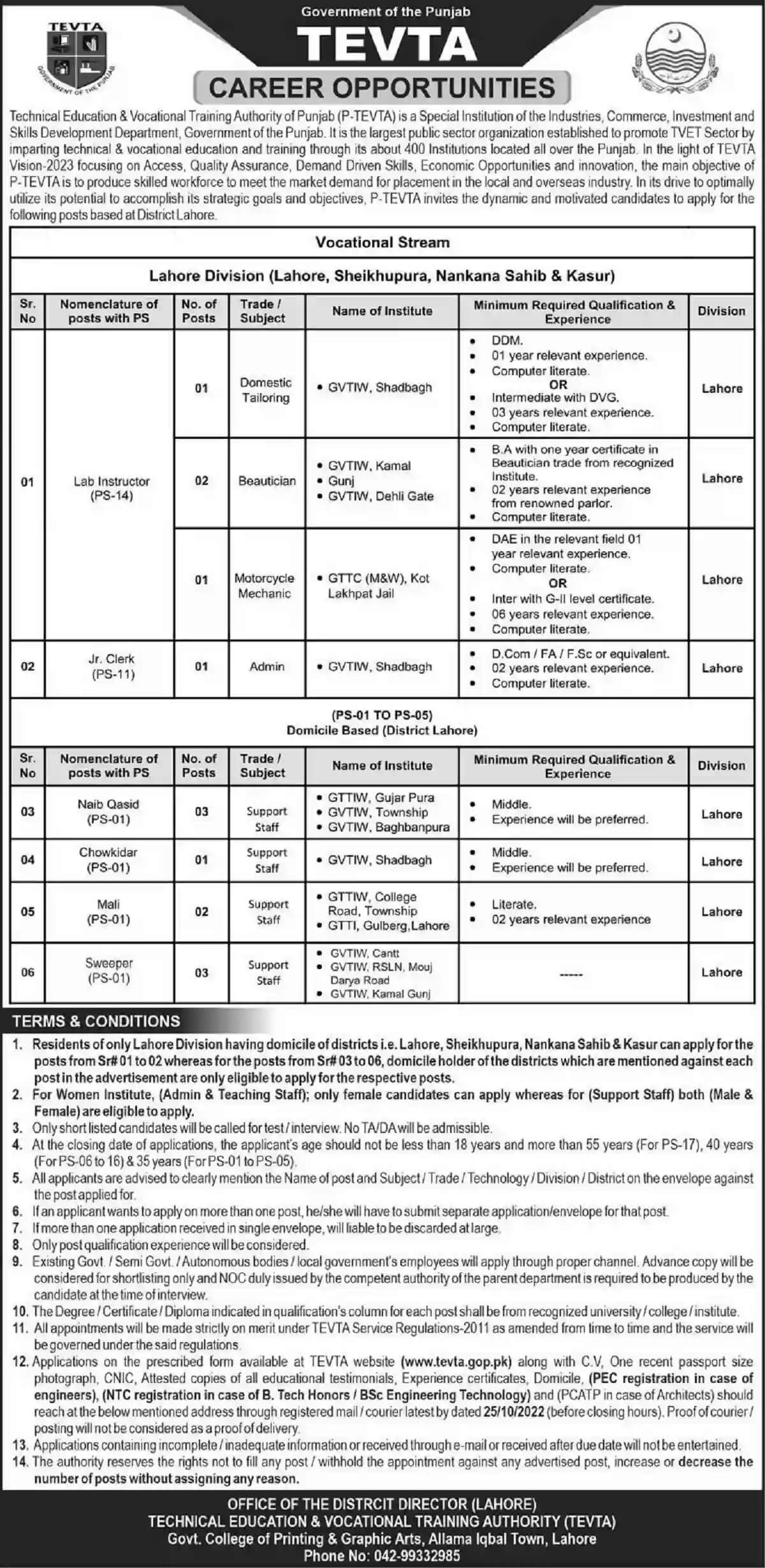 TEVTA Latest Jobs 2022 in all Pakistan | TEVTA Career opportunities