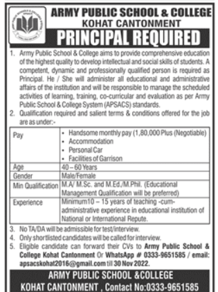 Army Public School and College APS Principal Jobs 2022