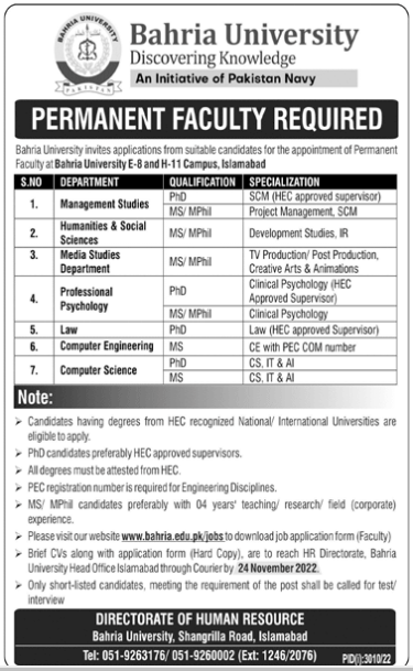 Bahria University Faculty Jobs Opportunities 2022 in Islamabad