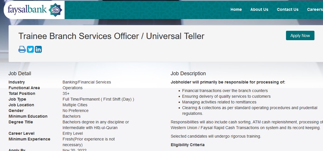 Faysal Bank Trainee Branch Service Officers Jobs 2022