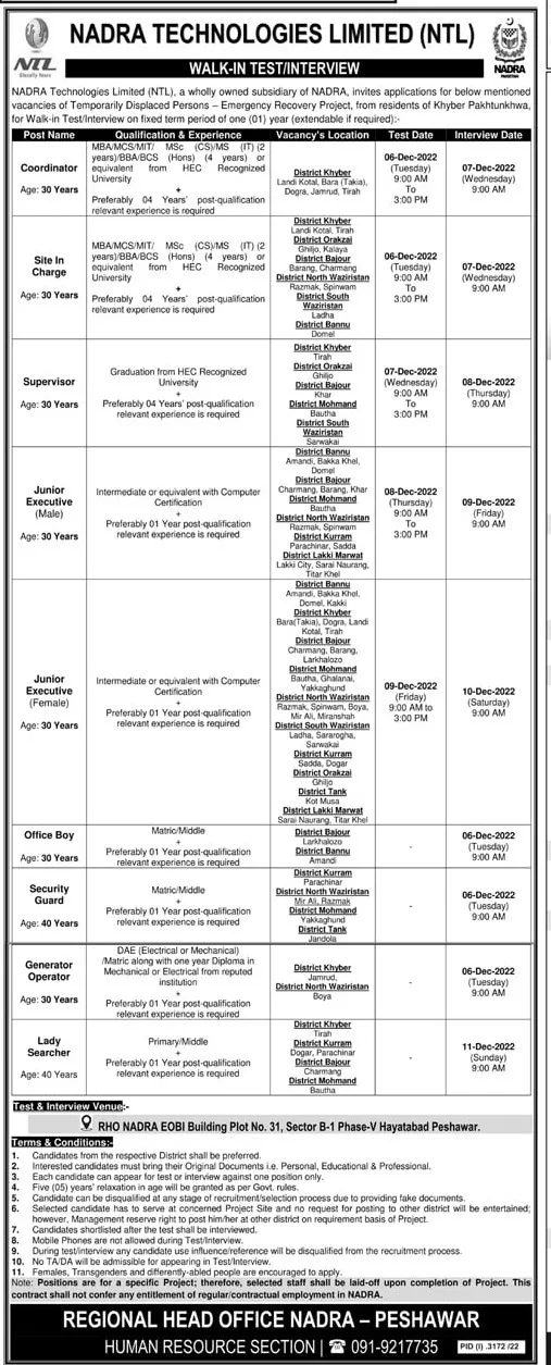 Jobs in the NADRA Regional Head Office in Peshawar 2022