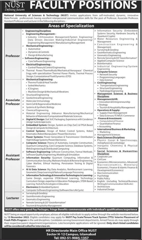 NUST Jobs 2022 | Multiple Teaching Faculty Positions