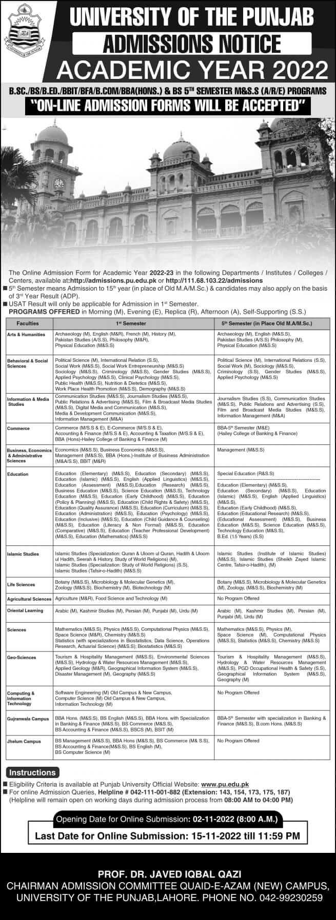 University of the Punjab BS Fall Admissions 2022 in 1st and 5th Semesters
