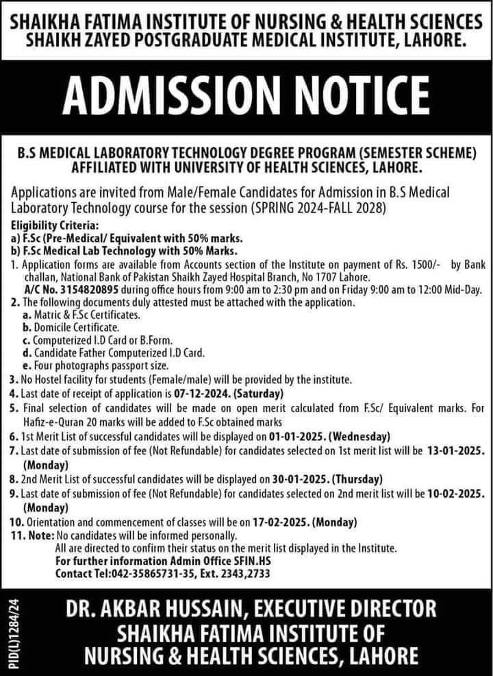 Shaikh Zaid Institute BS MLT Admissions 2025 in Lahore