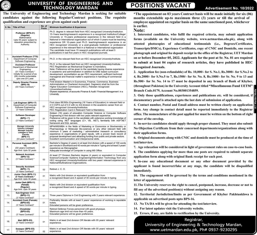 University of Engineering and Technology UET Jobs 2022 in Mardan