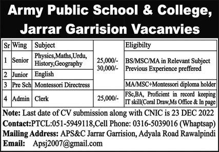 Army Public School Rawalpindi Jobs 2023 at Jarrar Garrison | APS Jobs