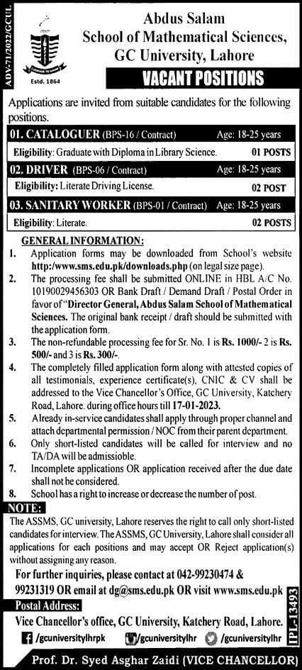 Abdul Salam School of Mathematics GC Lahore Jobs 2023