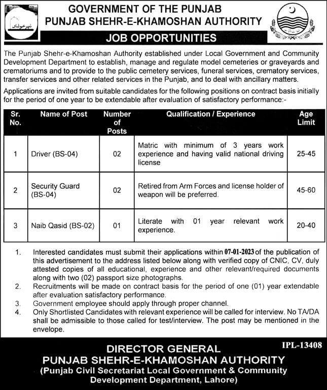 Govt of Punjab Shehr-e-Khamoshan Authority Jobs 2023