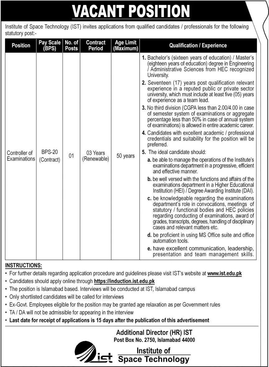Institute of Space Technology IST Jobs 2022 | Jobs in Islamabad