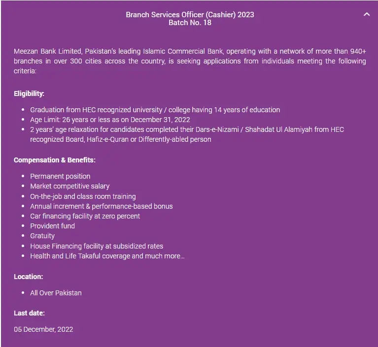 Branch Services Officer Cashier jobs 2022 in Meezan Bank