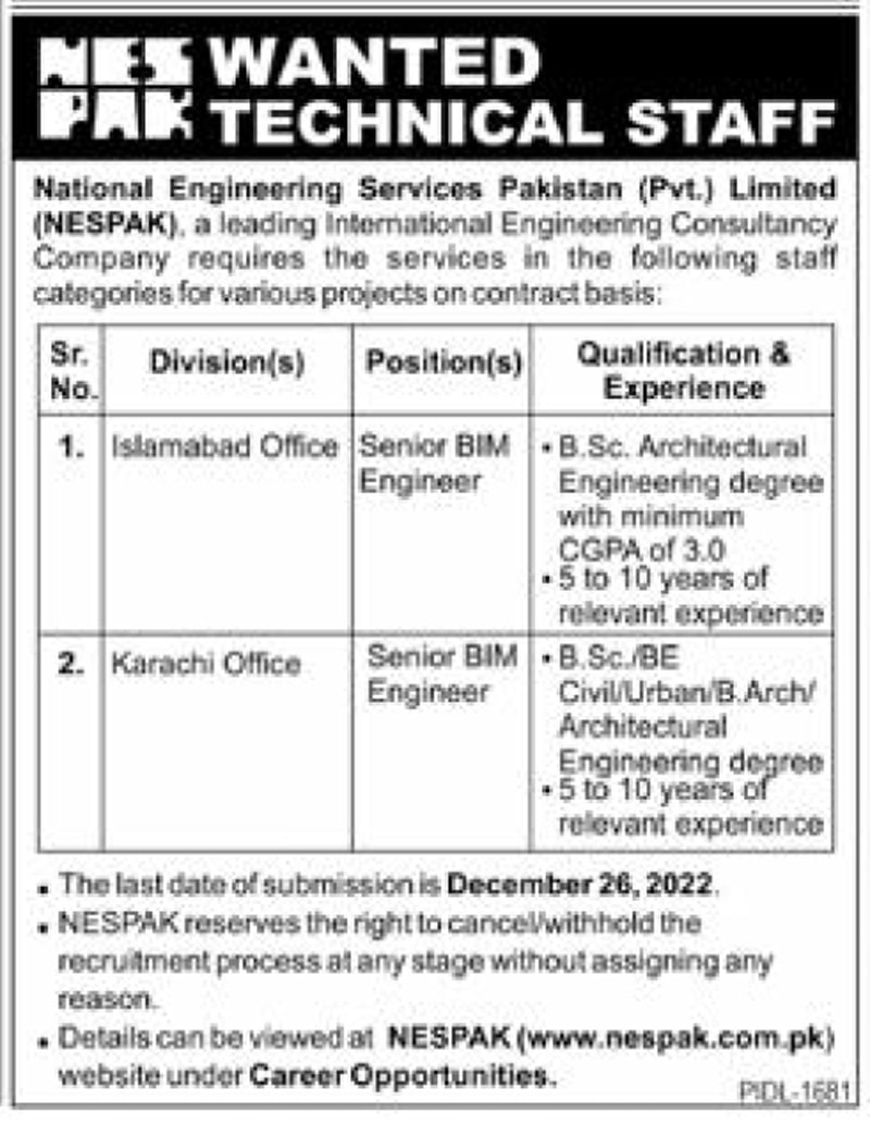 National Engineering Services Jobs in Pakistan 2022 | NESPAK Jobs