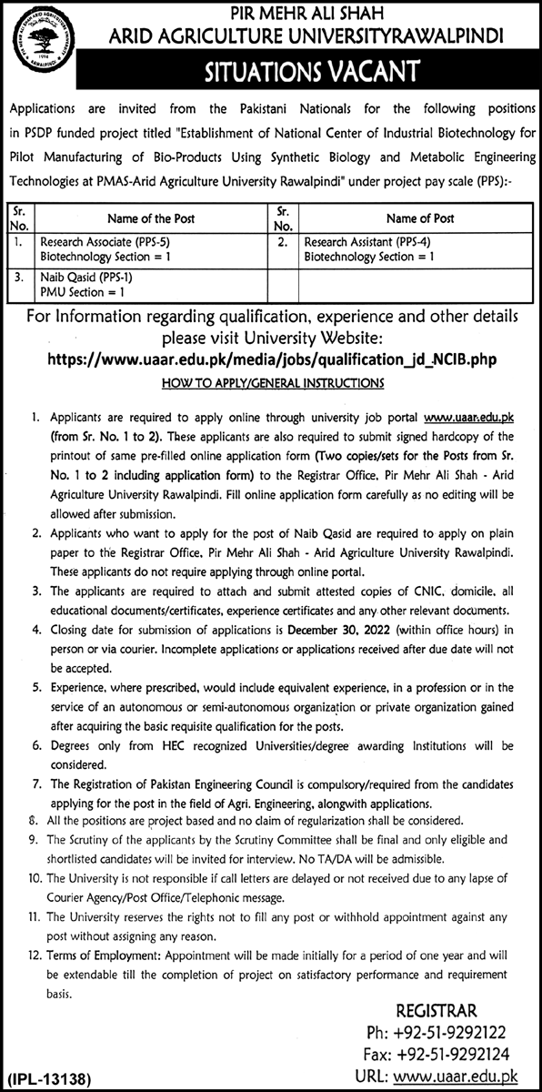 PMAS Arid Agriculture University Jobs 2022 in Rawalpindi