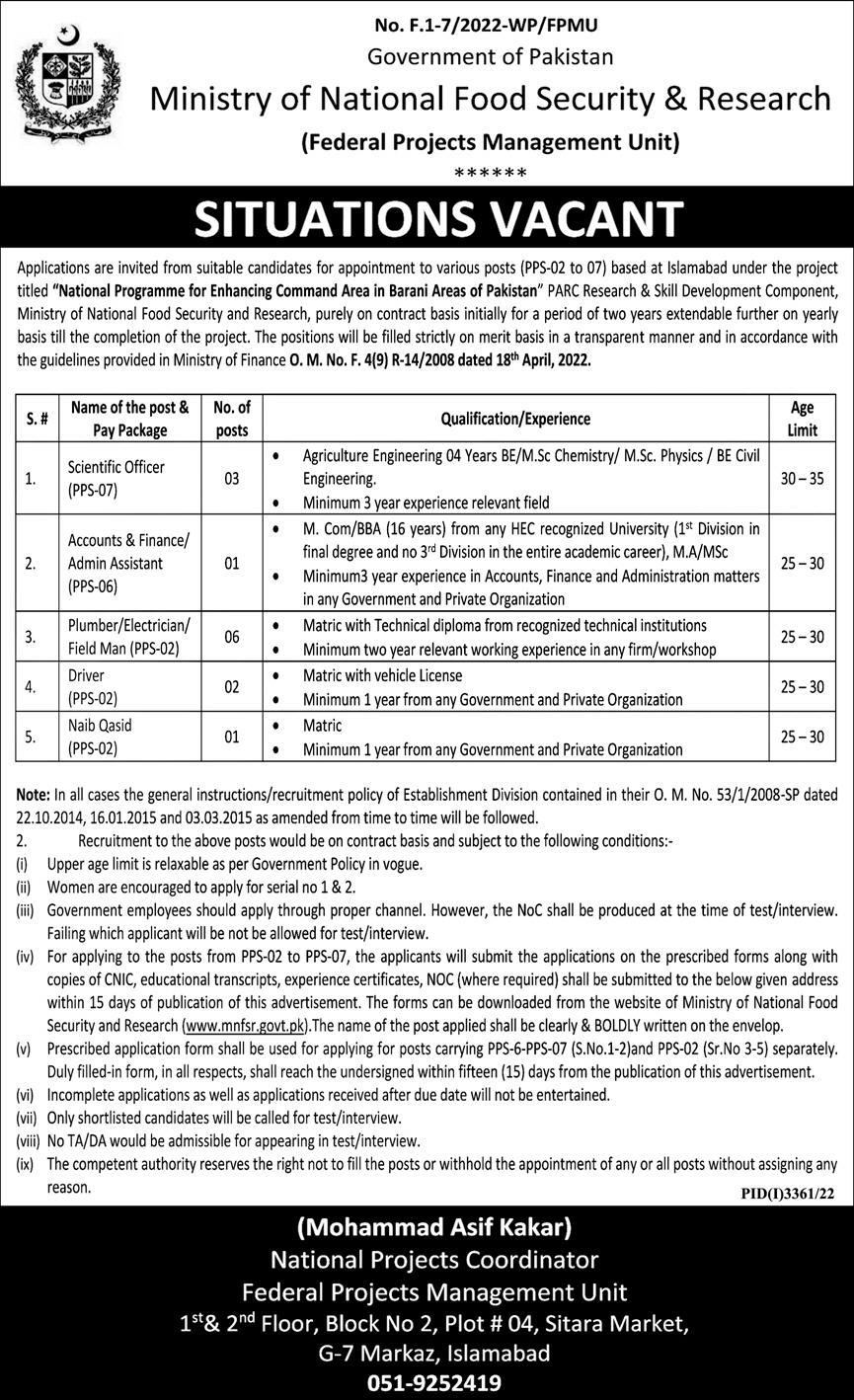 Ministry of National Food Security & Research Pakistan Jobs 2022