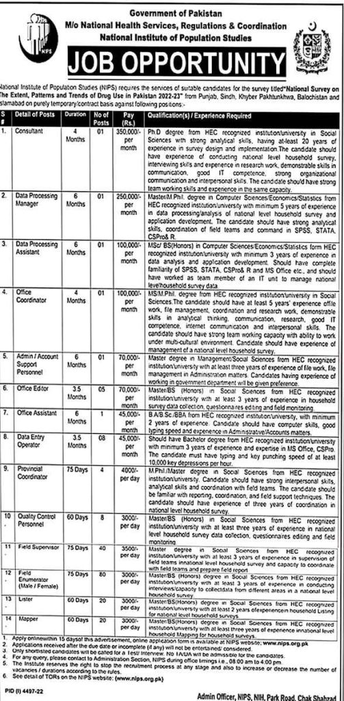 National Institute of Population Studies Jobs 2023 | NIPS Jobs