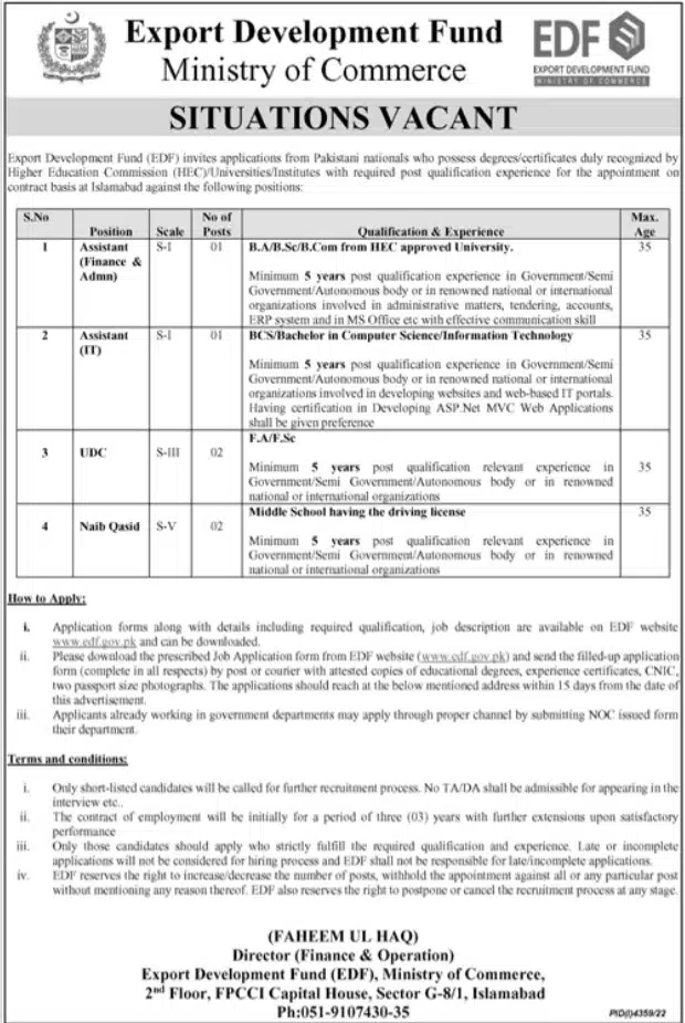 Ministry of Commerce Jobs 2023 at Export Development Fund in Islamabad