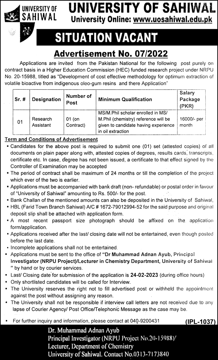 University of Sahiwal (UOS) Jobs 2023 for Research Assistant