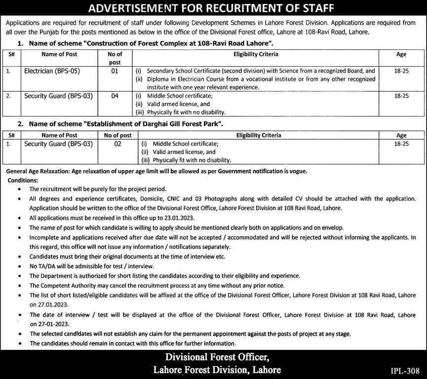 Lahore Forest Division Jobs 2023 | Jobs in Lahore