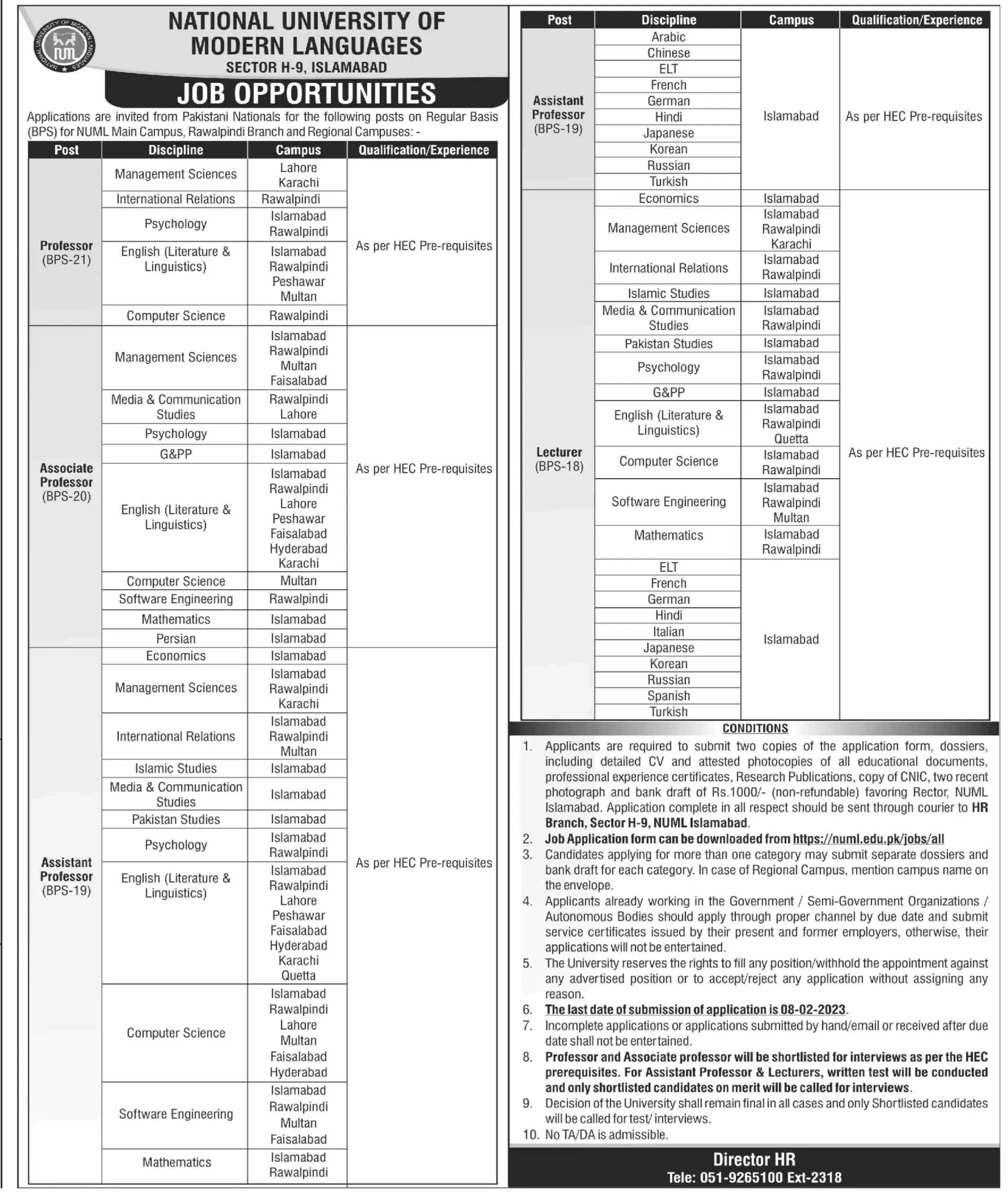 National University of Modern Languages NUML University Jobs 2023