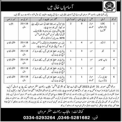 Pak Army Punjab Regiment Center Civilian Jobs 2023 | Jobs in Mardan