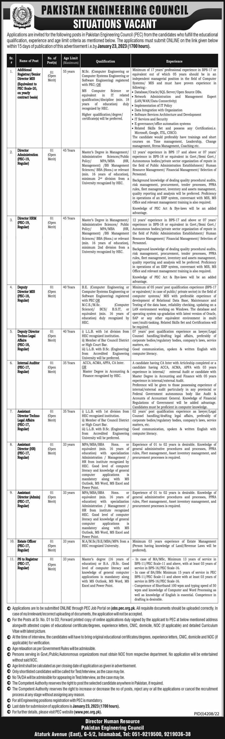 Pakistan Engineering Council PEC Jobs 2023 | Jobs in Islamabad