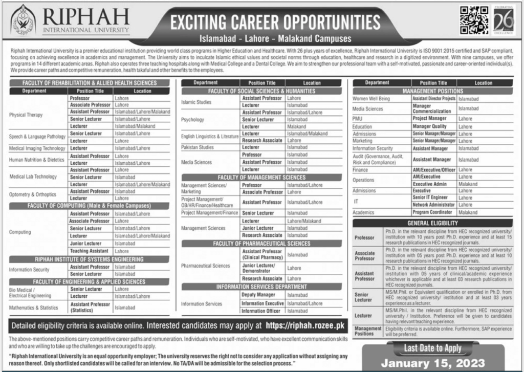 Riphah International University Jobs 2023 | Teaching & Non-Teaching staff
