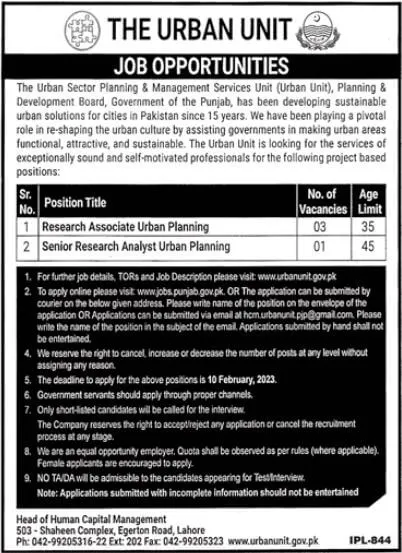 Urban Unit Punjab Govt Jobs 2023 in Lahore