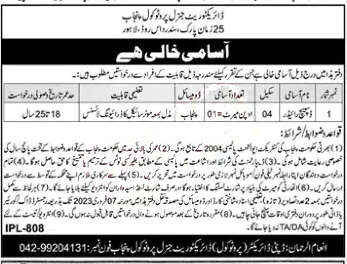 Directorate General Protocol Govt Jobs 2023 in Punjab