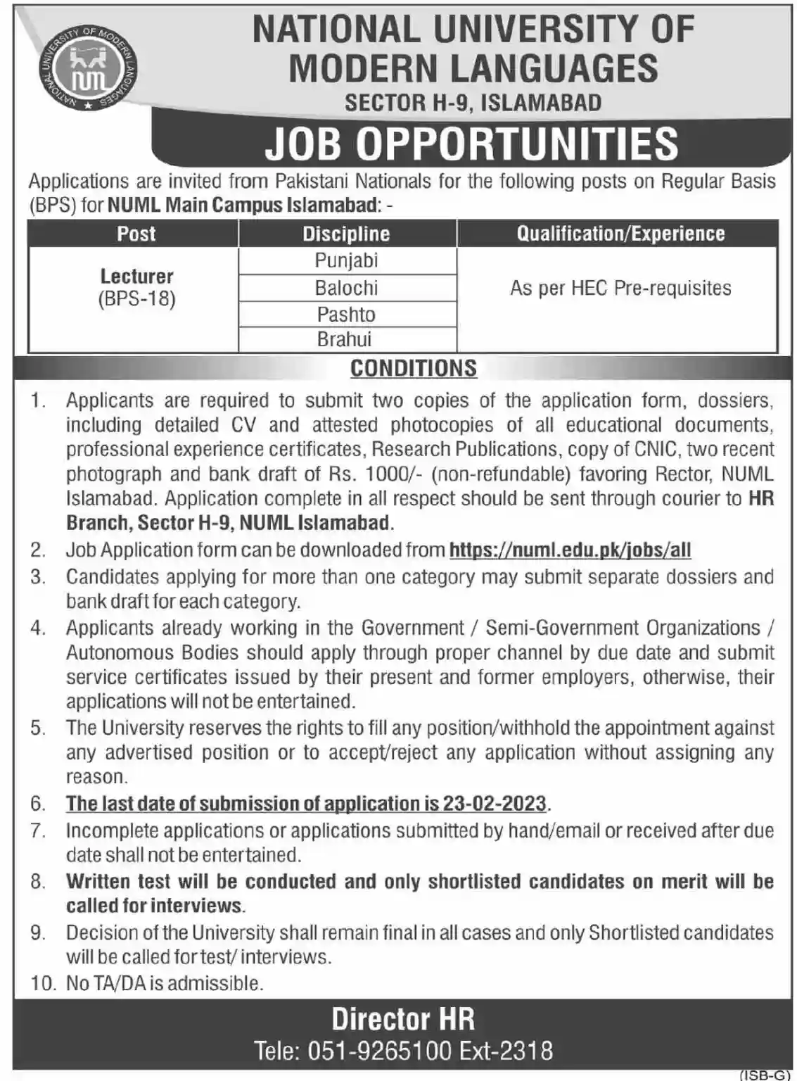National University of Modern Languages (NUML) jobs in Islamabad