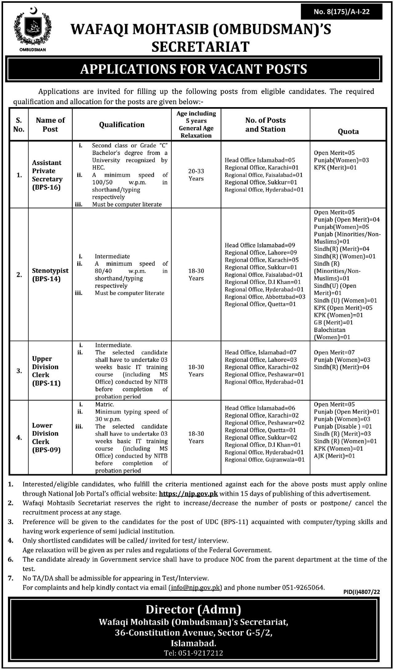 Wafaqi Mohtasib Ombudsman Secretariat Jobs 2023 in Islamabad