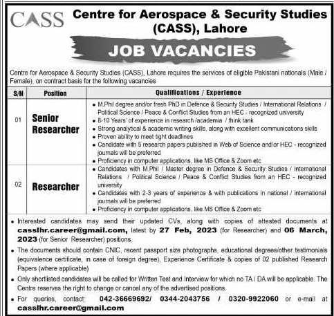Centre for Aerospace and Security Studies Jobs 2023 in Lahore