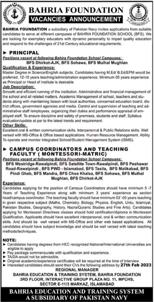 Bahria Foundation Teaching and Non-Teaching Jobs 2023 | Pak Navy Jobs