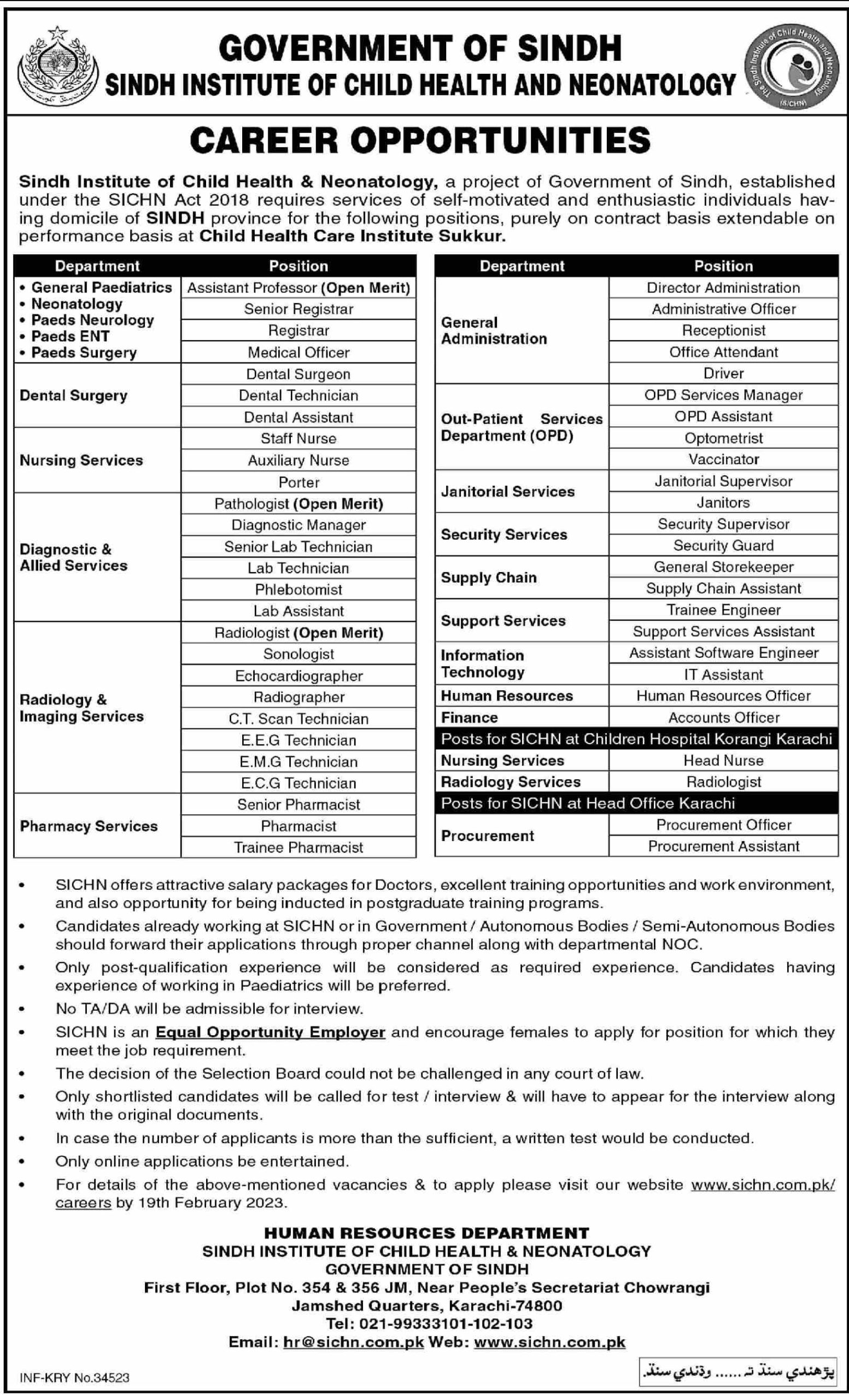 Sindh Institute of Child Health and Neonatology (SICHN) Jobs 2023