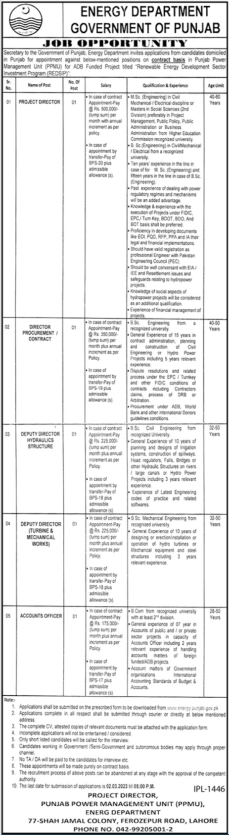 Punjab Energy Department Jobs 2023 in Lahore