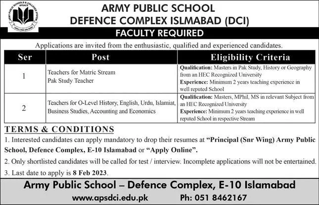 Army Public School (APS) Defence Complex Jobs 2023 in Islamabad