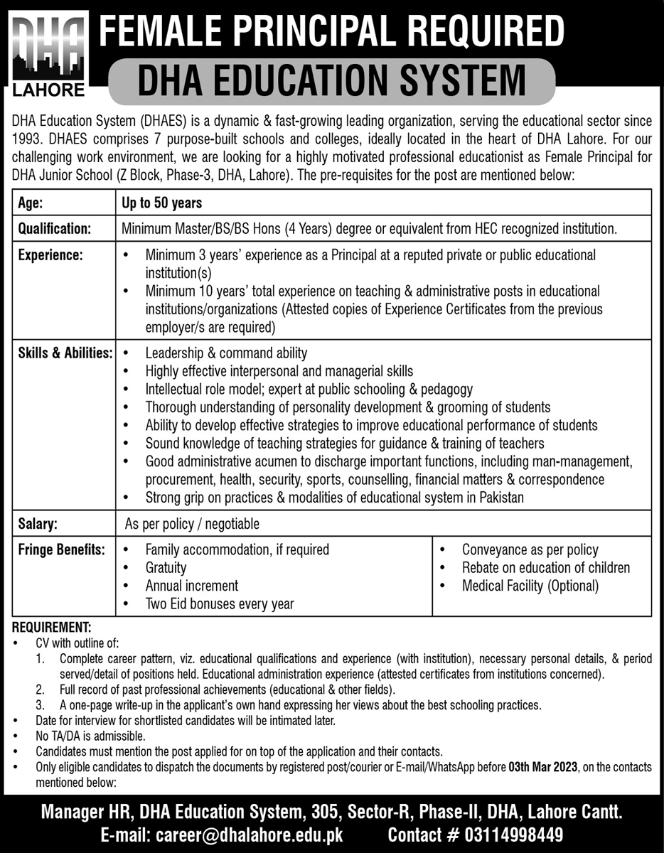 DHA Education System Principal Jobs 2023 in Lahore